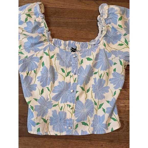Womens Size Medium Boho Beach Cropped Linen Blend Puff Sleeve Smocked Floral Top - Picture 3 of 9